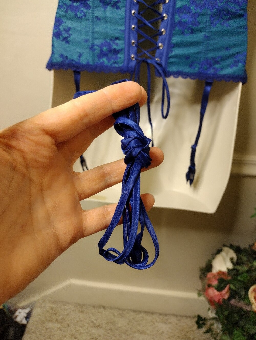 Fredericks Of Hollywood Royal Blue & Teal Lace Trimmed Corset With Garter Straps - Picture 6 of 9